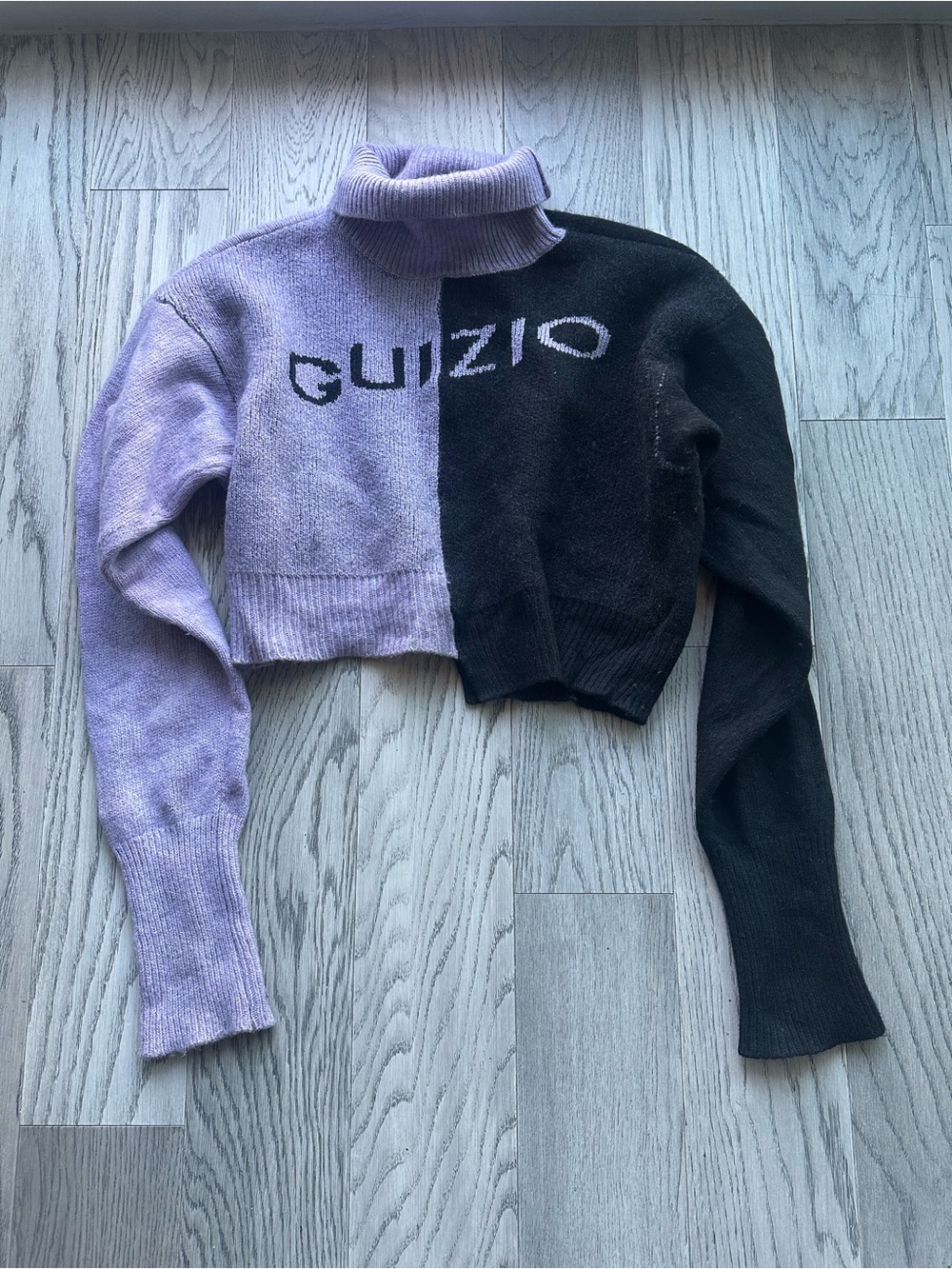 Danielle Guizio Lavender and Black Cropped Colorblock Turtleneck Sweater